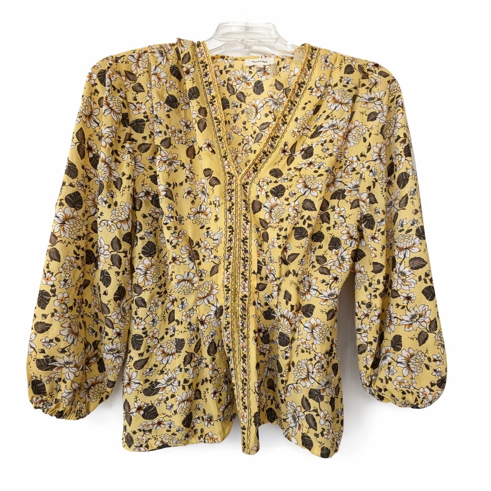 Max Studio yellow floral blouse top puffy sleeves size S
